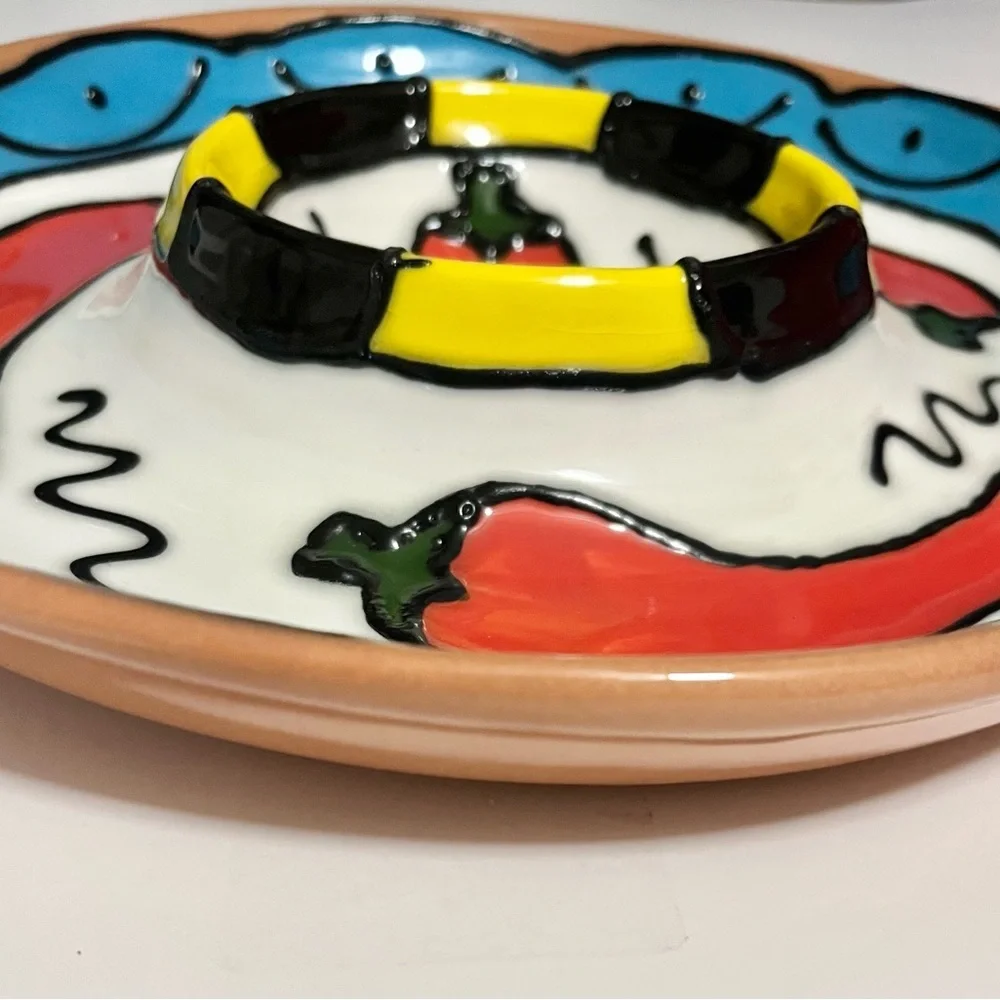 Mexican Ceramic Chip & Dip Tray Earthly Greens & Pottery Chili Peppers via 11.5”